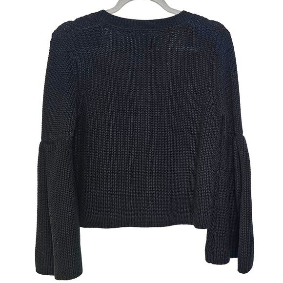 Free People Damsel Cable Knit Bell-Sleeve Black Cropped Boho Pullover Sweater - Picture 3 of 7